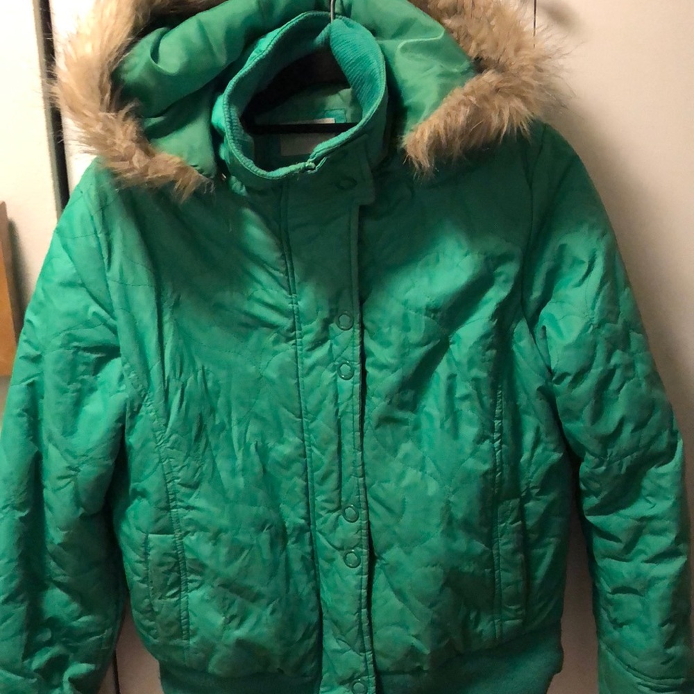 Green Hip Fur Hood Winter Jacket